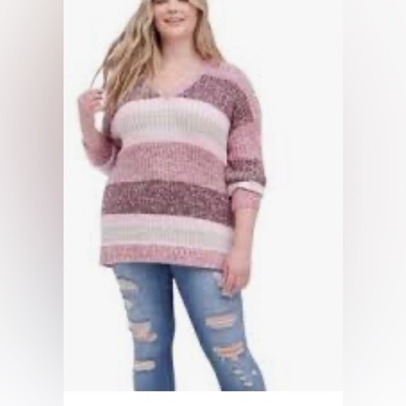 Torrid Pink and White V-Neck Sweater - Picture 1 of 6